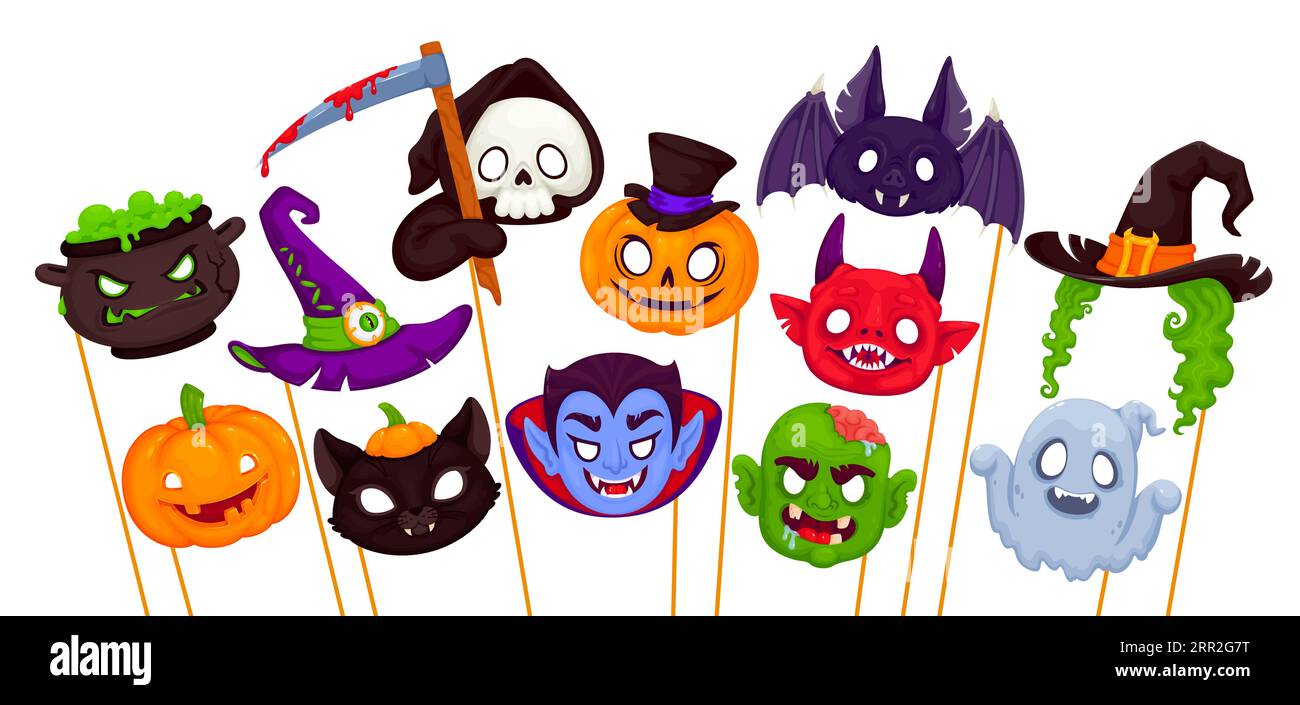 Masken und Requisiten für Halloween-Fotokabinen mit Karikaturmonstergesichtern für den Urlaub, Vektorsymbolen. Halloween lustige Masken aus gruseligen Kürbis, Tod und Hexenhut, Vampir und Geisterbus mit Fledermaus und schwarzer Katze Stock Vektor