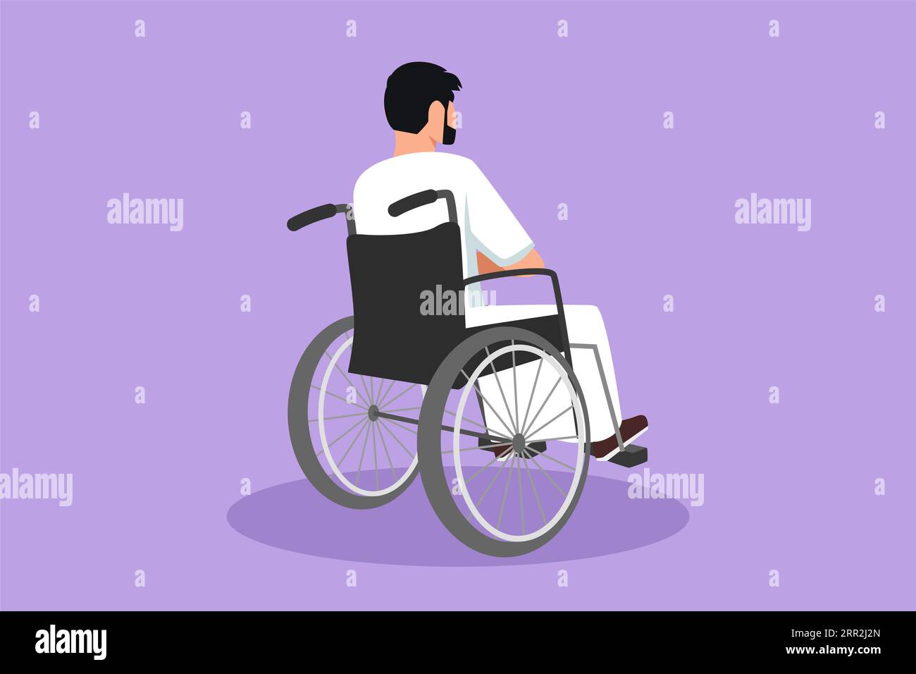 Ein flaches Grafikdesign mit Rückansicht eines einsamen alten arabischen Mannes, der auf einem Rollstuhl sitzt und draußen auf ferne trockene Herbstblätter schaut. Lonely forlorn de Stockfoto