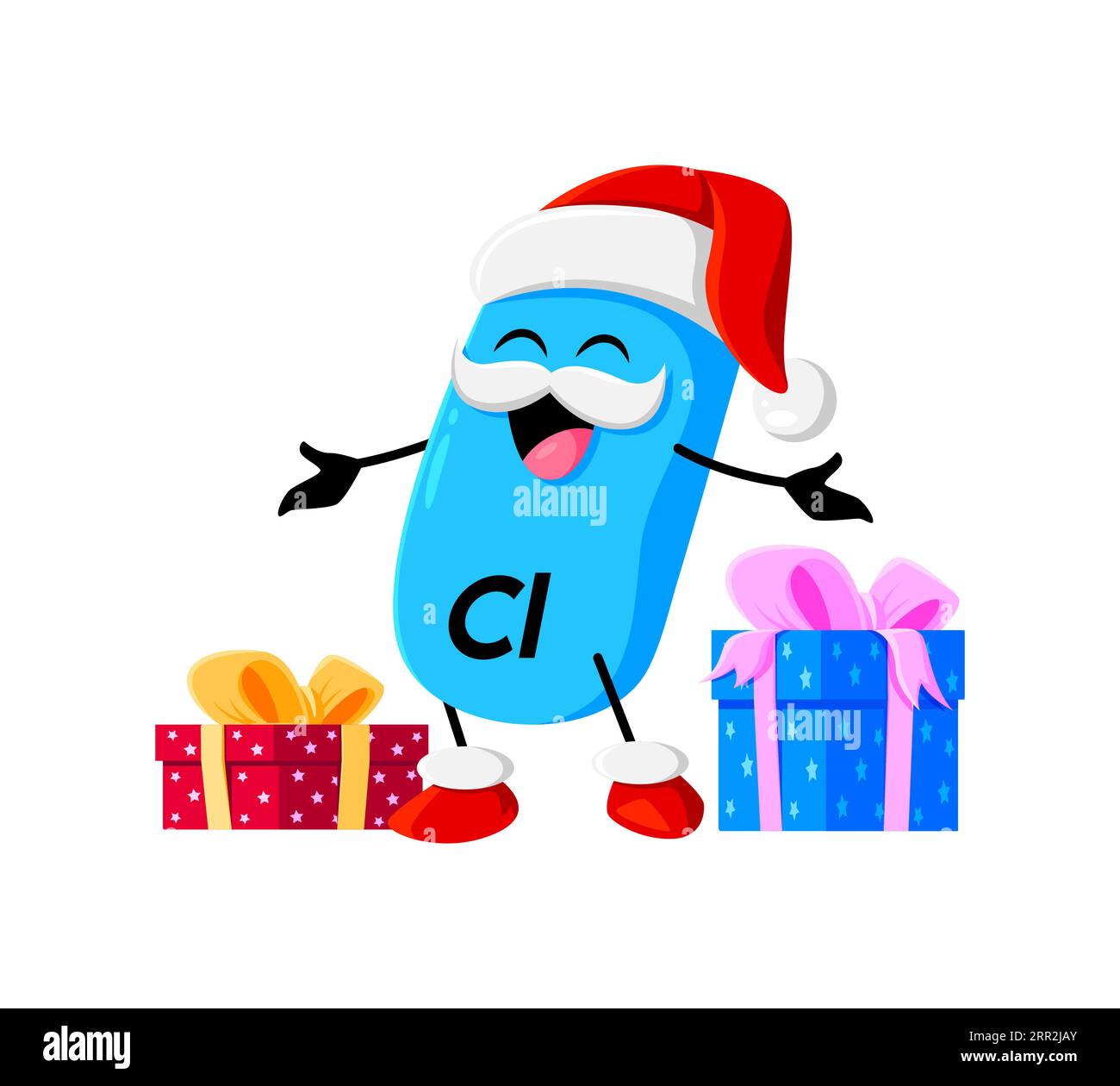 Cartoon Christmas Cl Mikronährstoff-Figur mit Weihnachtsmannhut und festlichen Geschenkboxen. Isolierter Vektor Chlorine blaue Kapsel Noel Personage verbreitet Feiertagsjubel mit seinem fröhlichen Lächeln Stock Vektor