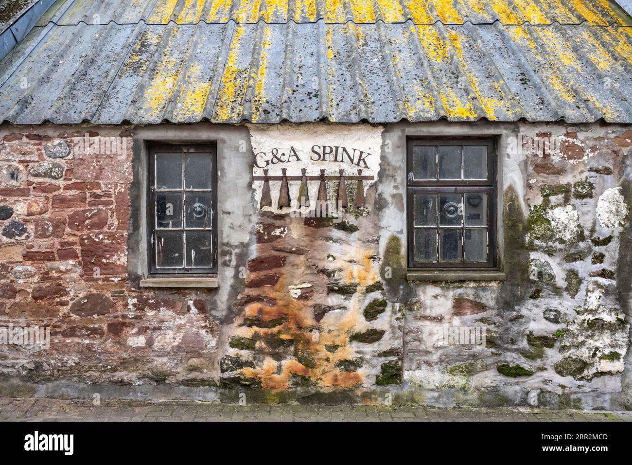 Alte traditionelle Fischräucherei mit stilisierten smokies, einer regionalen Fischspezialität, geräucherte Schellfisch-Filets, die paarweise zum Rauchen aufgehängt wurden, Arbroath, County Stockfoto