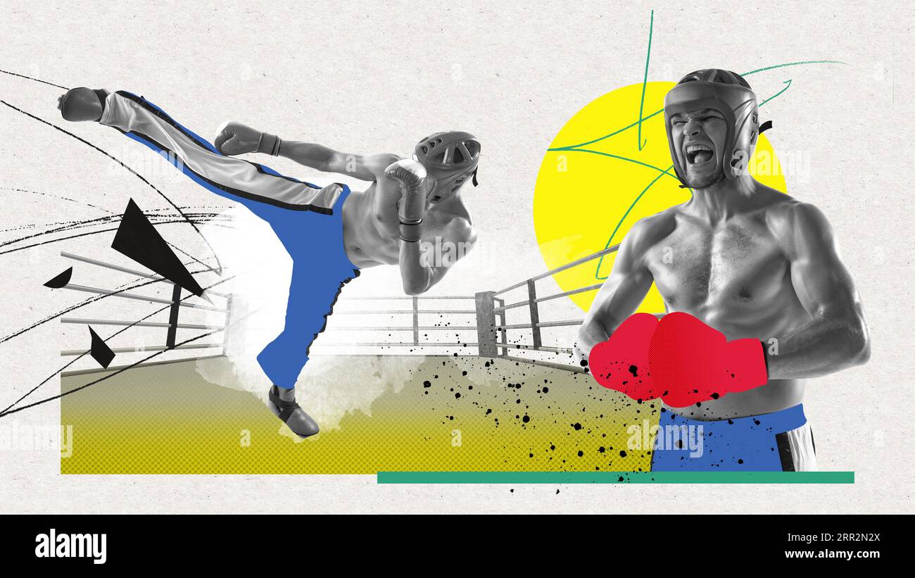 Kräftiges und muskulöses männliches Kickboxer-Training, Kampf. Kampfsport, Martial ats. Collage zeitgenössischer Kunst Stockfoto
