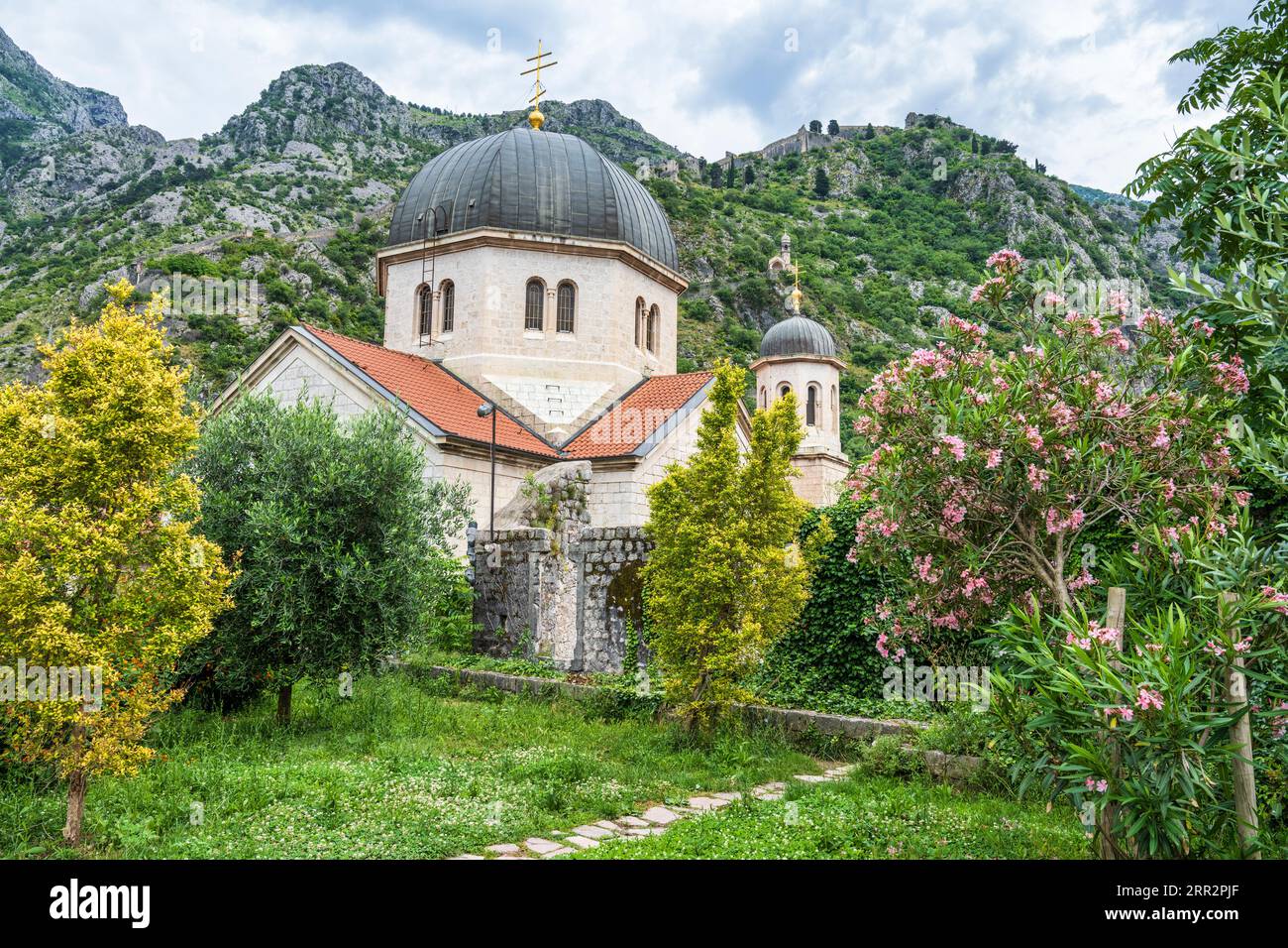Kuppel und Glockenturm der St. Nikolaus-Kirche von den alten Stadtmauern in der Altstadt von Kotor in Montenegro aus gesehen Stockfoto