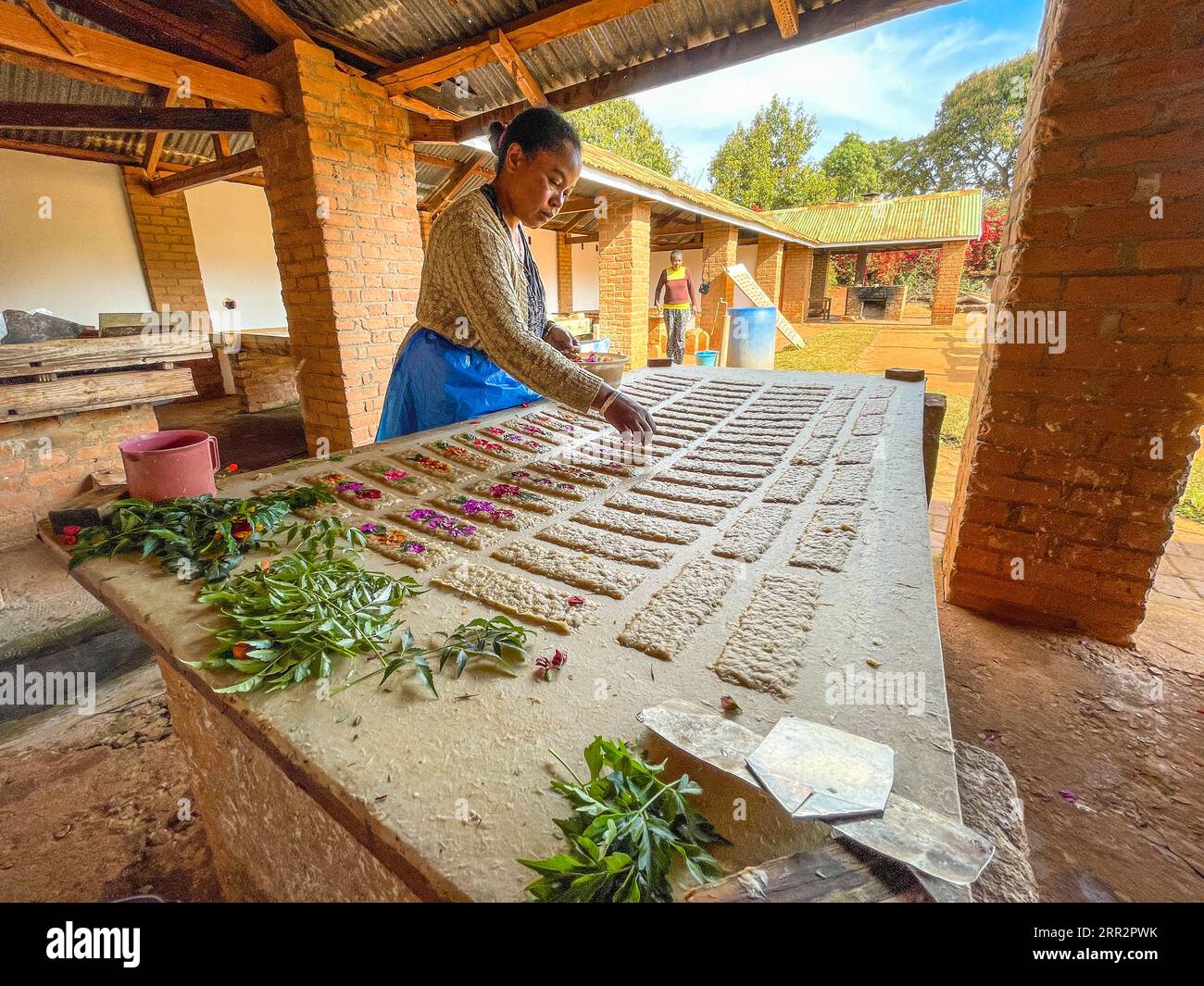 Madagaskar, Ambalavao, Antemoro Papierfabrik, Handwerkerin arbeitet Papier Stockfoto