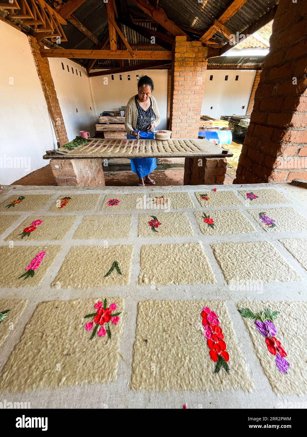 Madagaskar, Ambalavao, Antemoro Papierfabrik, Handwerkerin arbeitet Papier Stockfoto