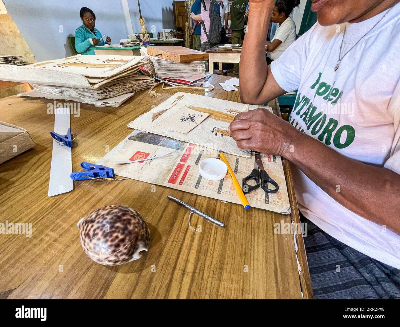 Madagaskar, Ambalavao, Antemoro Papierfabrik, Handwerkerin arbeitet Papier Stockfoto