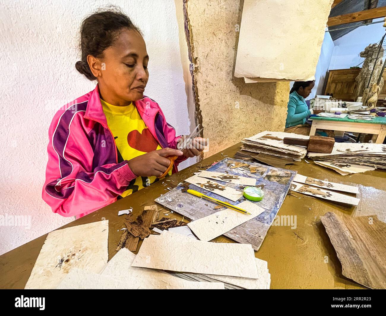 Madagaskar, Ambalavao, Antemoro Papierfabrik, Handwerkerin arbeitet Papier Stockfoto
