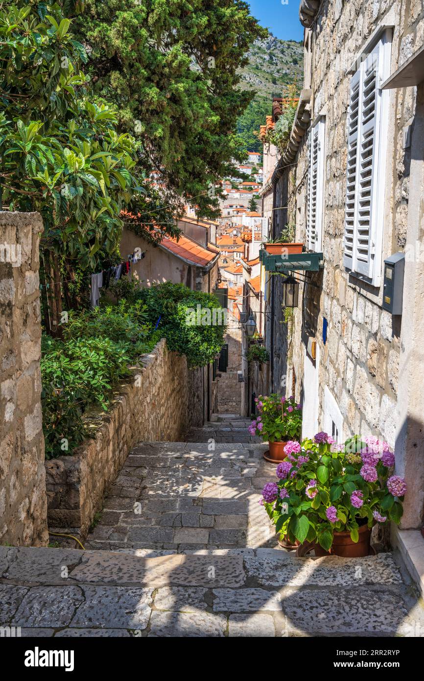 Malerische enge Gasse, die von den Stadtmauern in die alte ummauerte Stadt Dubrovnik an der dalmatinischen Küste Kroatiens führt Stockfoto