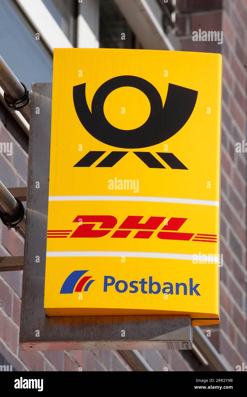 Logo DHL, Postbank, Deutsche Post, Posthorn, Deutschland Stockfoto