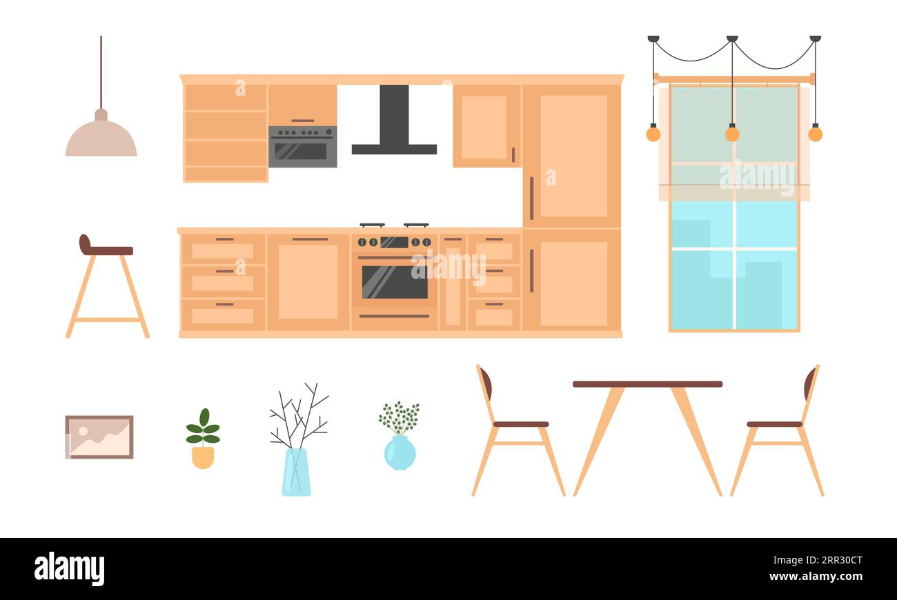 Kücheneinrichtung mit Kochmöbeln und -Werkzeugen. Backofen und Kühlschrank. Essbereich mit Fenster. Vektor-Illustration im Zeichentrickstil. Isolierte ELE Stock Vektor