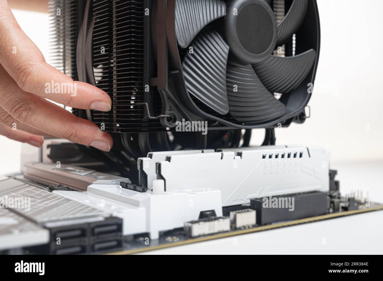 Installieren eines großen Kühlers auf einem Computerprozessor. Stockfoto