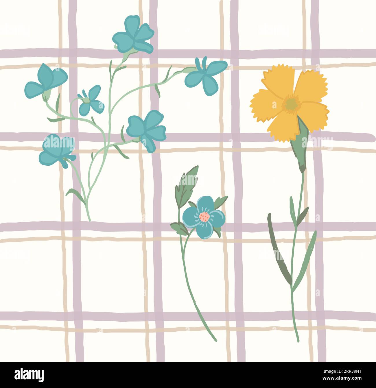 Karierte Tapete aus Cottagecore mit Karomuster und blauen und gelben Blumen. Hand gezeichnete Doodle Blumen Cottagecore Chintz rustikaler botanischer Hintergrund Stock Vektor