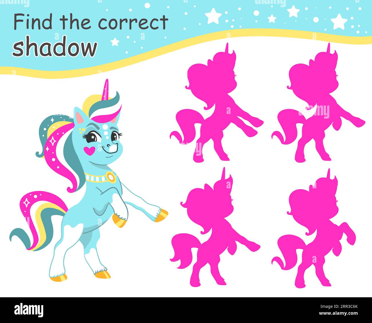 Suchen Sie den richtigen Schatten. Niedliches Einhorn und pinkfarbene Schatten. Pädagogisches Matching-Spiel für Kinder mit Zeichentrickcharakter. Aktivität, Logikspiel, Lernen Stock Vektor