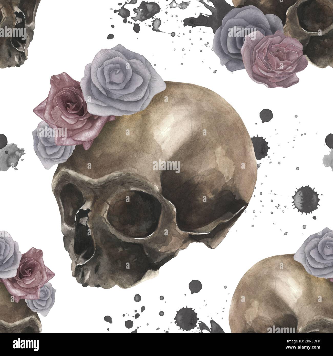 Nahtlose Aquarellbilder mit Schädeln, verstaubten Rosen und Tintenflecken. Isoliert auf weißem Hintergrund, handgezeichnet. Stockfoto