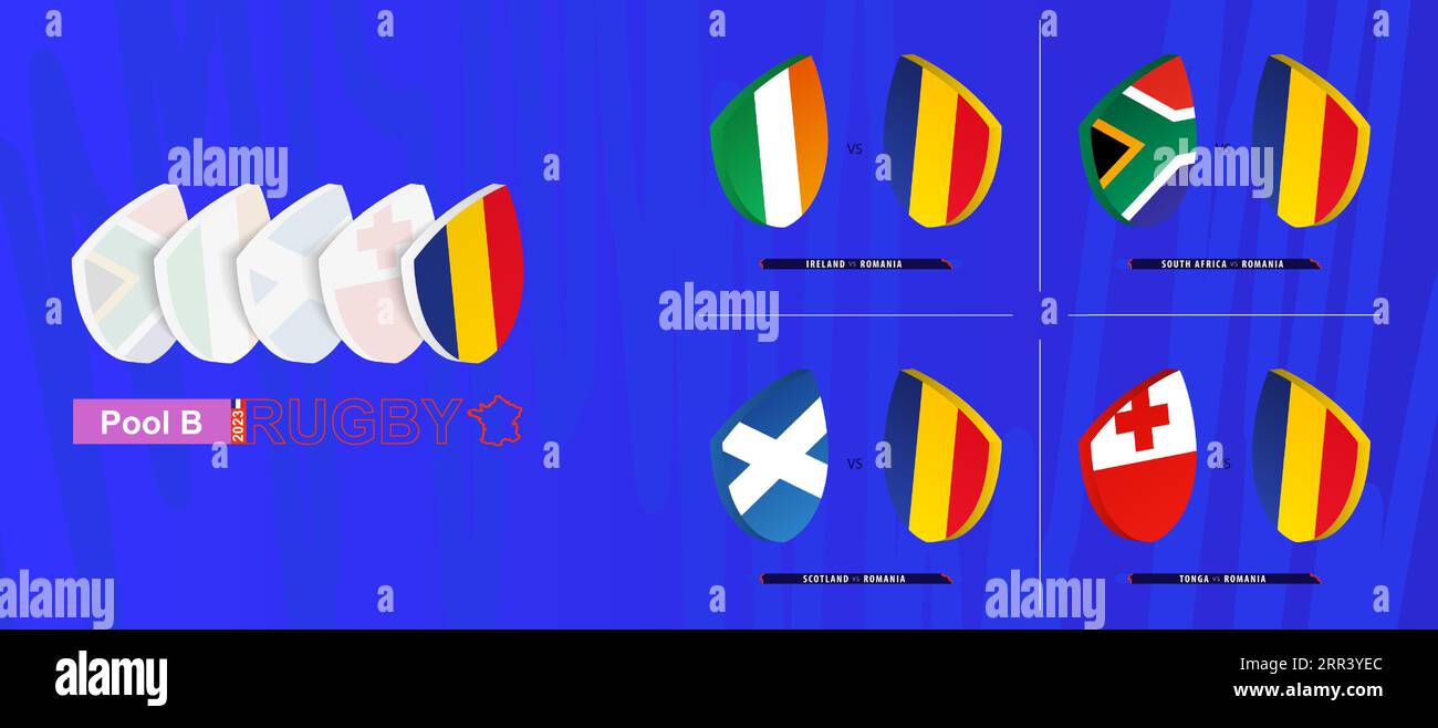 Das rumänische Rugby-Team spielt alle Spiele im Pool A des internationalen Rugby-Turniers. Vektorsammlung. Stock Vektor