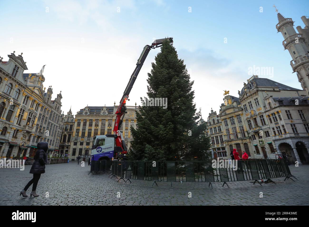 201119 -- BRÜSSEL, 19. November 2020 -- Arbeiter installieren einen Weihnachtsbaum am Grand Place von Brüssel, Belgien, 19. November 2020. Der diesjährige Weihnachtsbaum ist 18 m hoch und wird mit dem Thema Erneuerung dekoriert. BELGIEN-BRÜSSEL-WEIHNACHTSBAUM ZhengxHuansong PUBLICATIONxNOTxINxCHN Stockfoto