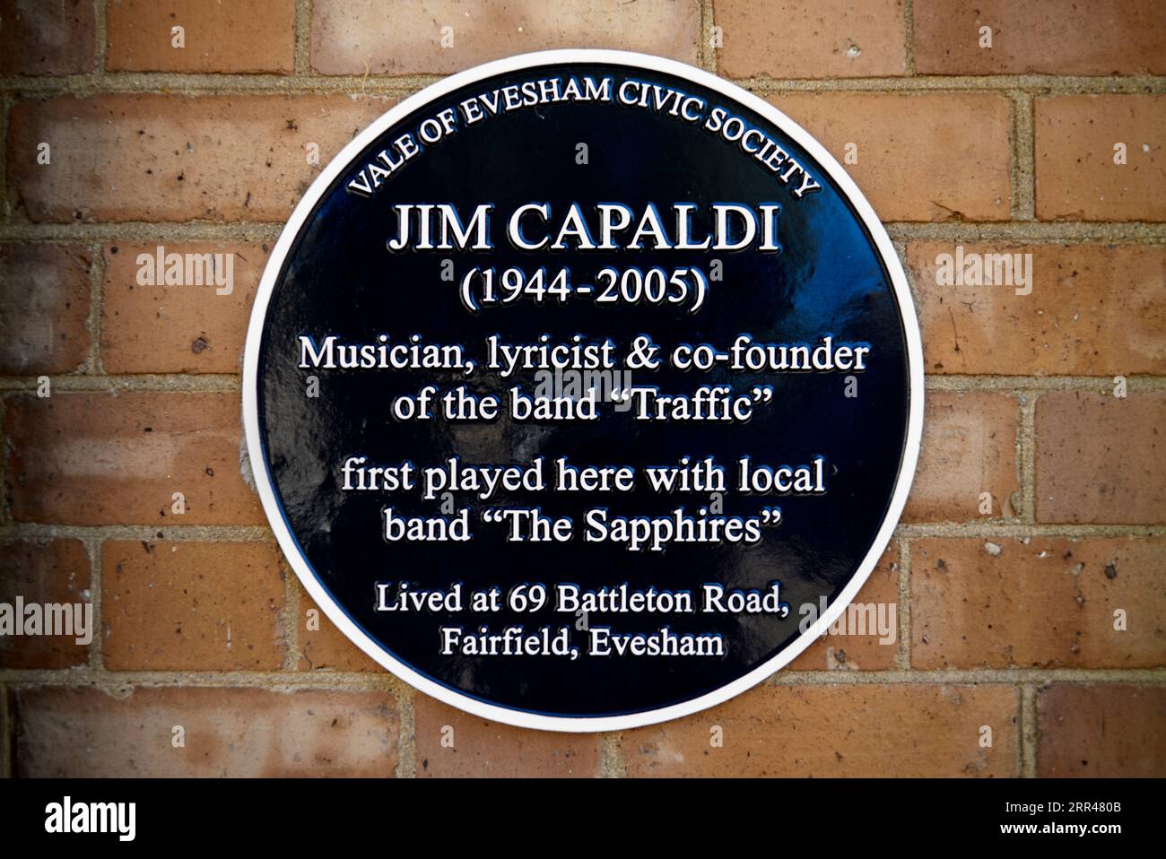 Gedenktafel an Jim Capaldi an seinem Geburtsort von Evesham Worcestershire, England, Großbritannien Stockfoto