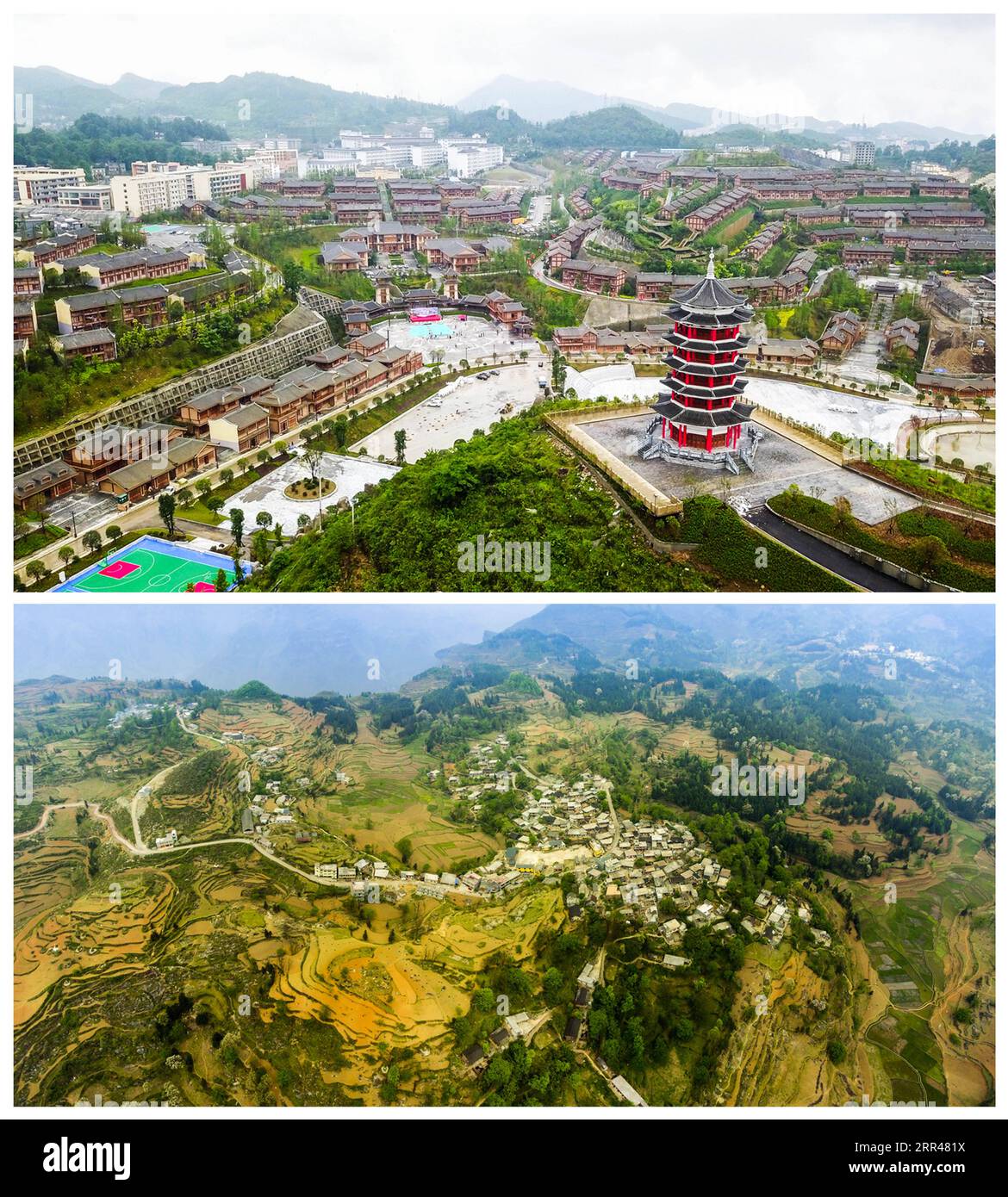 201124 -- GUIYANG, 24. November 2020 -- in diesem Kombi-Foto zeigt das obere Luftbild, das am 6. Juni 2019 von aufgenommen wurde, das neue Aussehen der Stadt Ameiqituo und das untere Luftbild, das 2017 von Wen Sen aufgenommen wurde, zeigt das Dorf Sanbao vor dem Umzug in Qinglong County, Provinz Guizhou im Südwesten Chinas. China hat die Leistung erreicht, alle verbleibenden Grafschaften von der Armutsliste des Landes zu streichen. Die letzten neun verarmten Grafschaften, alle in der südwestchinesischen Provinz Guizhou, haben die absolute Armut beseitigt, teilte die Provinzregierung am Montag mit. Das bedeutet, dass alle 832 armen Counti registriert haben Stockfoto