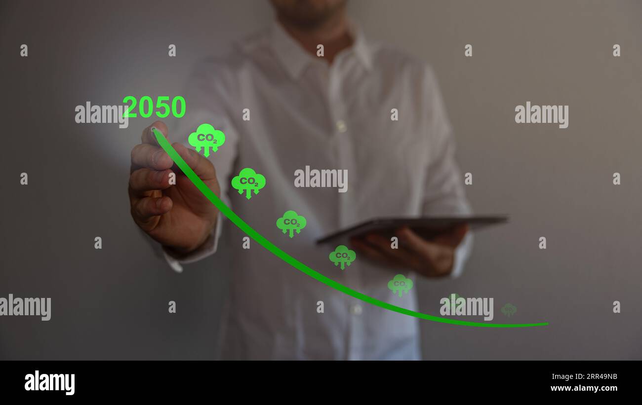 Nettonull bis 2050. CO2-neutral. Ziel für die Nettonullabsetzung der Treibhausgasemissionen.langfristige klimaneutrale Strategie.keine toxischen Gase, CO2-Umsetzung. Stockfoto