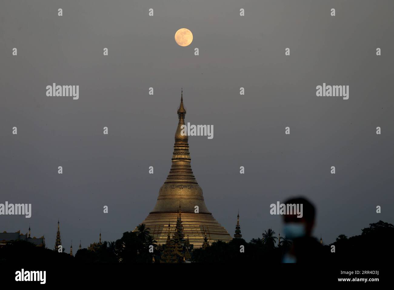 Nachrichten Themen der Woche KW48 201130 -- MYANMAR, 30. November 2020 -- Ein Vollmond erhebt sich über der Shwedagon-Pagode in Yangon, Myanmar, 29. November 2020. Das Tazaungdaing Festival, auch als Festival der Lichter bekannt, fällt auf den Vollmondtag im achten Monat des traditionellen Myanmar Kalenders. Es wird als Nationalfeiertag in Myanmar gefeiert und markiert das Ende der Regenzeit. MYANMAR-YANGON-FULL MOON-TAZAUNGDAING FESTIVAL UXAUNG PUBLICATIONXNOTXINXCHN Stockfoto