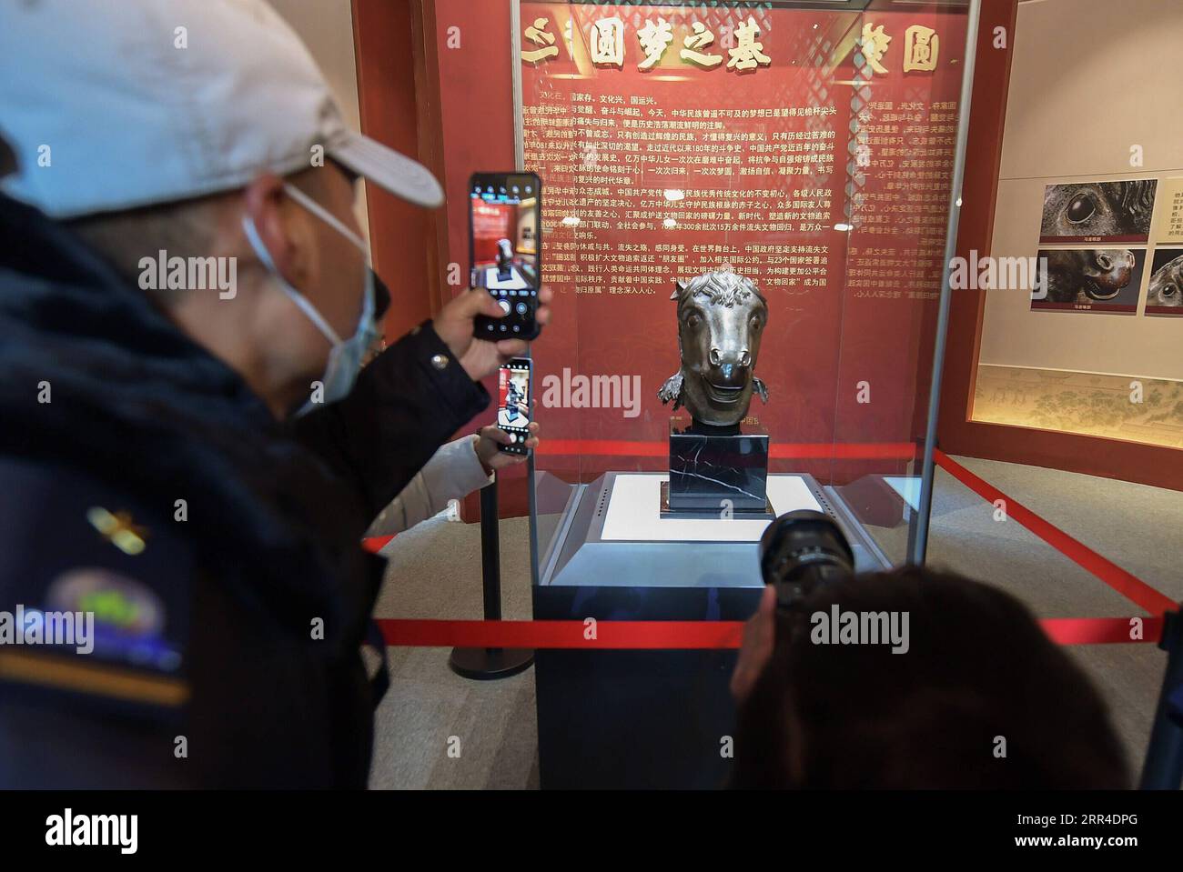 201201 -- PEKING, 1. Dezember 2020 -- Besucher fotografieren eine Bronzekopfskulptur aus Yuanmingyuan, die am Wenshu Pavillon des Zhengjue-Tempels in Yuanmingyuan, Peking, Hauptstadt von China, am 1. Dezember 2020 ausgestellt ist. Eine bronzene Pferdekopfskulptur, ein Schatz des alten chinesischen Sommerpalastes, der nach einer Plünderung durch eine anglo-französische alliierte Truppe vor 160 Jahren verschwand, kehrte am Dienstag in sein ursprüngliches Palasthaus zurück. Es ist das erste Mal, dass ein verlorenes wichtiges kulturelles Relikt aus dem alten Sommerpalast, oder Yuanmingyuan, nach der Reparatur an seinen ursprünglichen Ort zurückgebracht und dort untergebracht wurde Stockfoto