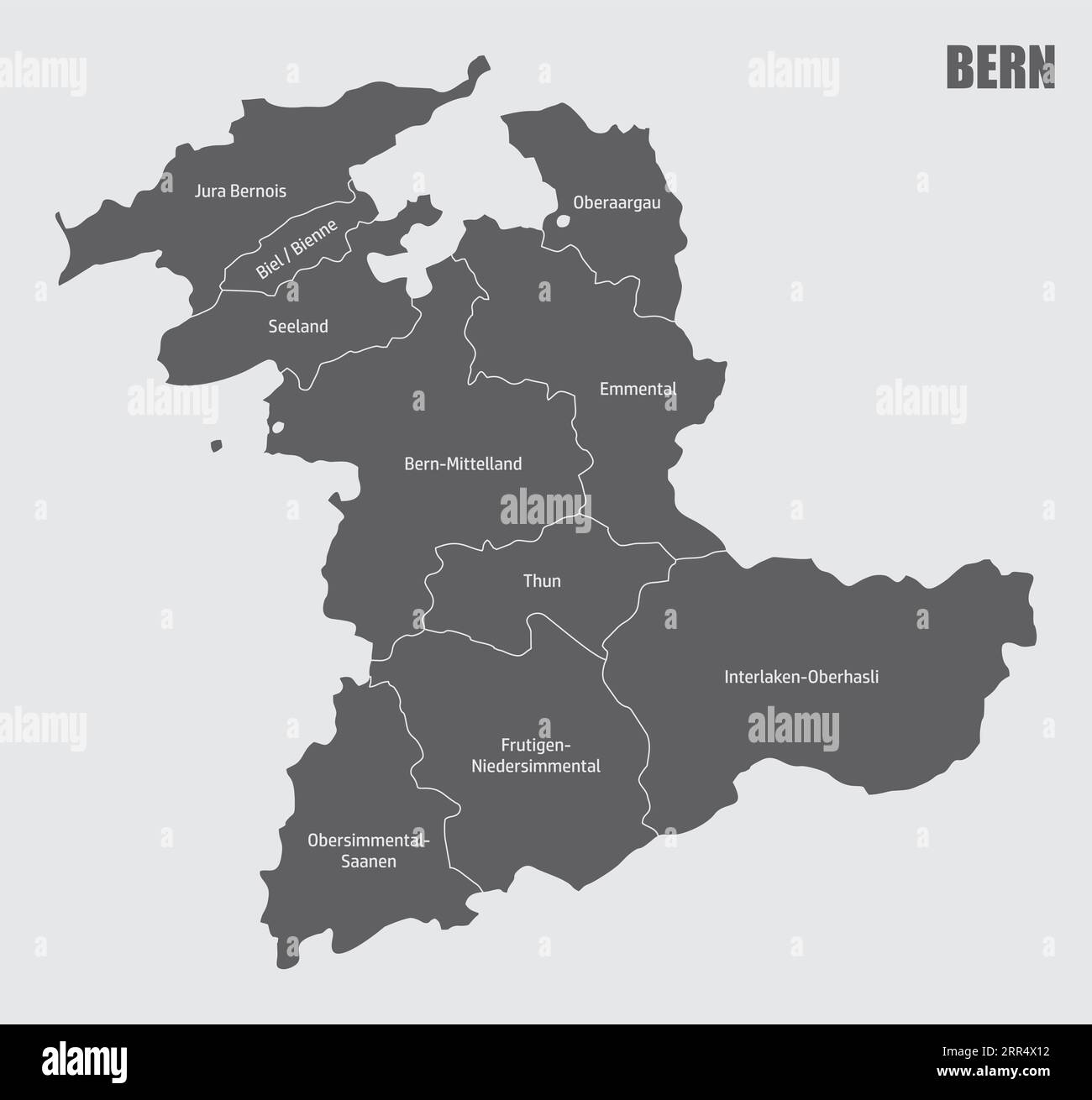 Bern Kanton Verwaltungskarte isoliert auf grauem Hintergrund, Schweiz Stock Vektor