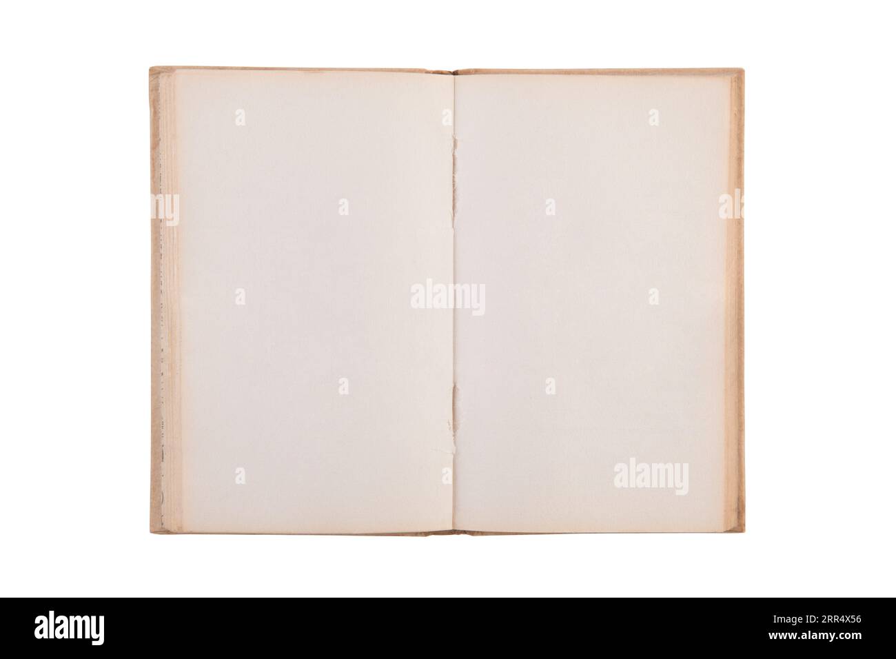 Öffnen Sie das alte Buch mit leeren Seiten isoliert auf weißem Hintergrund mit Beschneidungspfad Stockfoto
