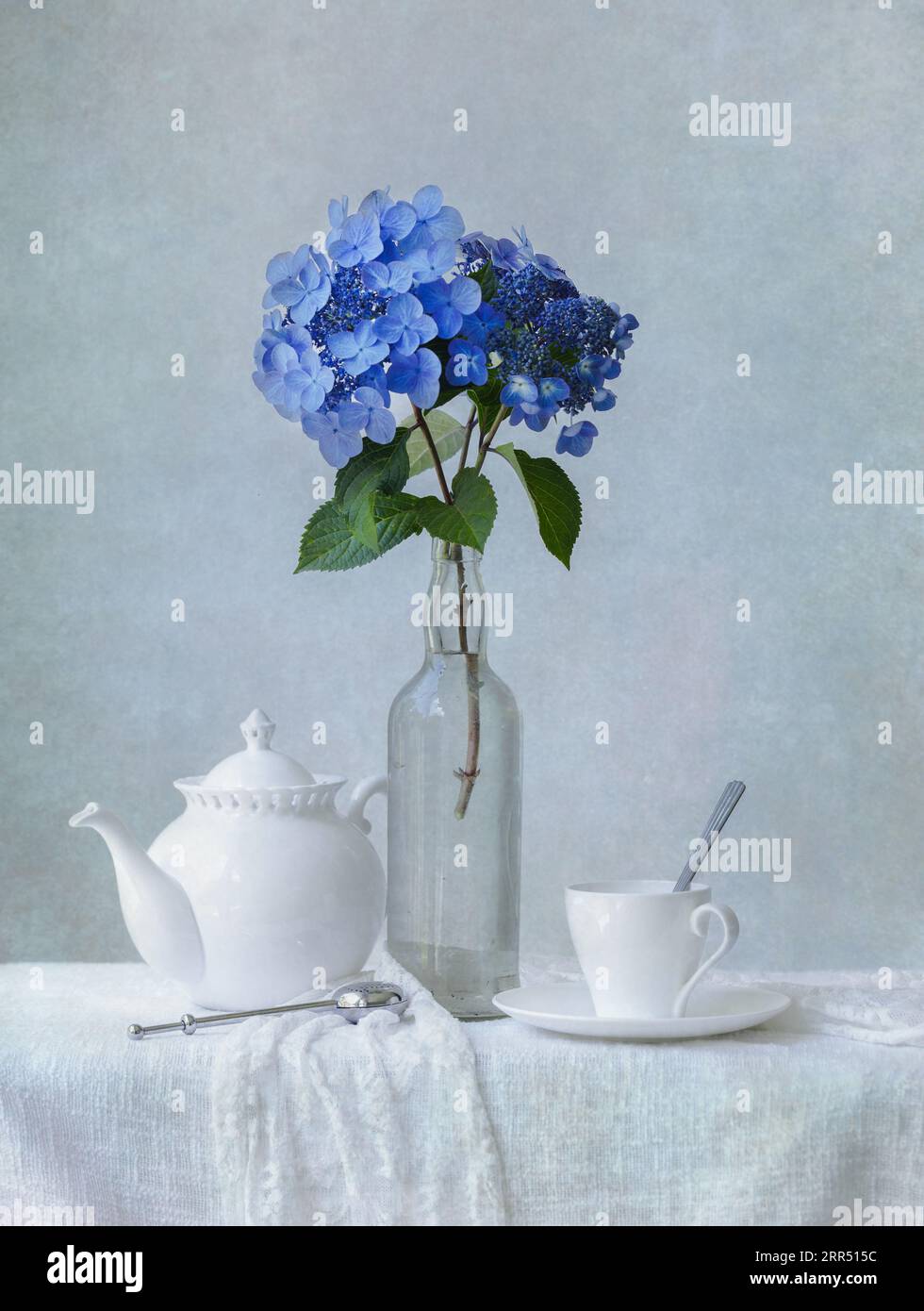 Eine blaue Hortensie mit einem weißen Teeset. Stockfoto