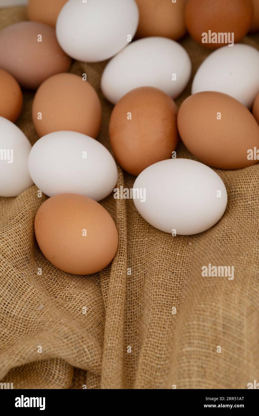 Braune und weiße Eier auf rauer Leinwand Stockfoto