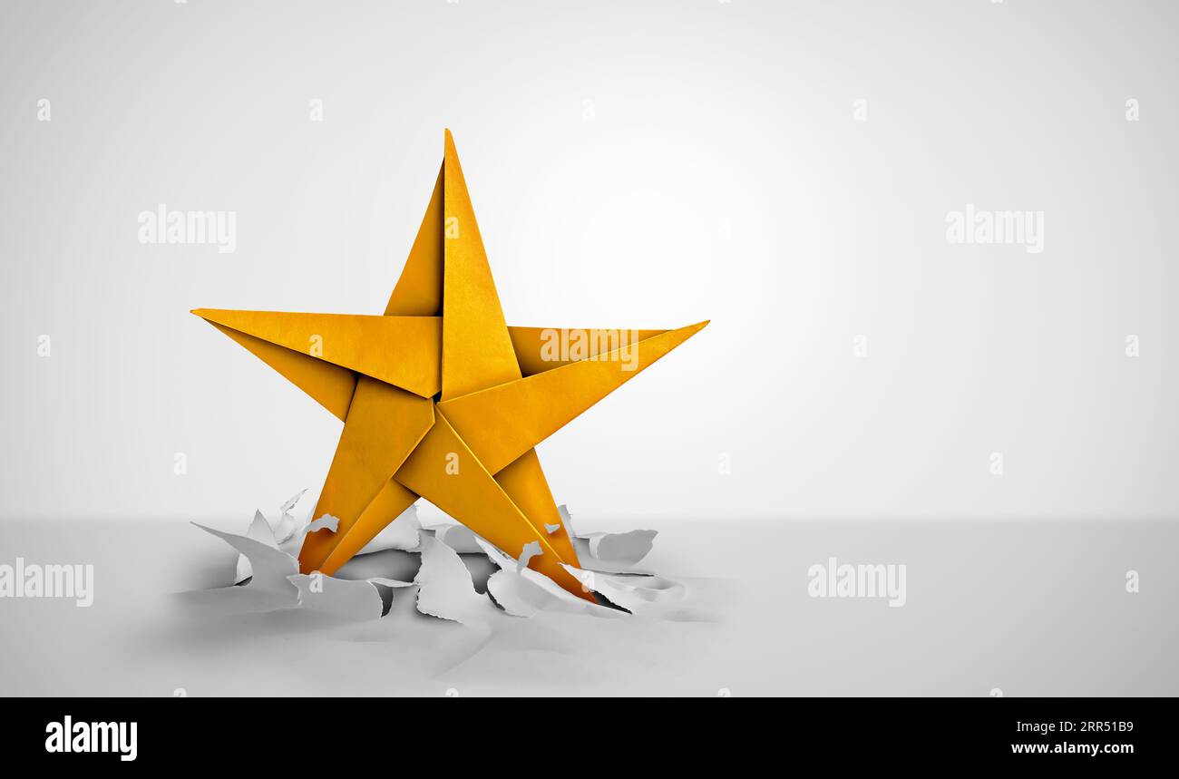 Star Winner Paper Sculpture als Erfolgssymbol für ein Gold-Gewinner-Award-Objekt als Origami-Handwerk, das als neues Talent ausbricht. Stockfoto