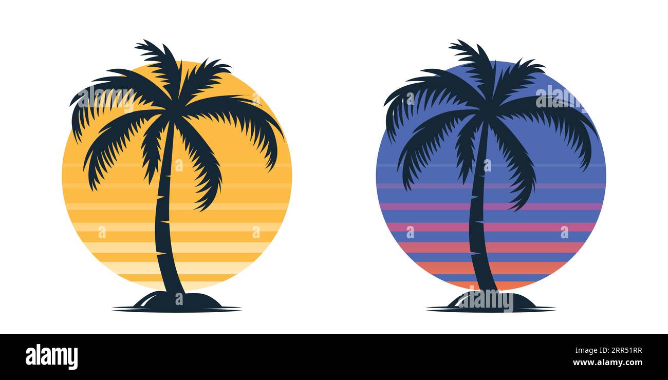 Vektor-Palmen, Palmenbaum-Symbolsatz Isoliert. Palmensilhouetten im Hintergrund bei Sonnenuntergang. Designvorlage für tropisches, Urlaub-, Strand-, Sommerkonzept Stock Vektor