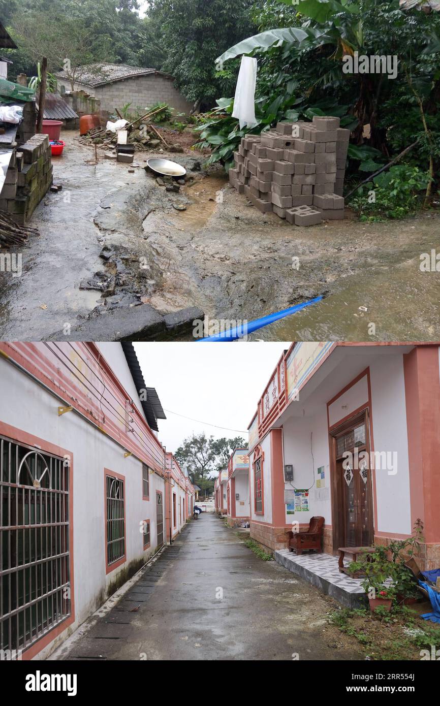 201222 -- HAIKOU, 22. Dez. 2020 -- NACH OBEN: Das undatierte Foto zeigt einen Blick auf das Dorf Baorui, Qiongzhong County, Provinz Hainan in Südchina, bevor ein Renovierungsplan umgesetzt wurde. UNTEN: Foto aufgenommen am 17. Dezember 2020 von zeigt einen Blick auf das Dorf Baorui. Besucher werden wahrscheinlich von brandneuen Wohnhäusern und glatten asphaltierten Straßen beeindruckt sein, wenn sie das Dorf Baorui in der Provinz Hainan besuchen. Aber eine solche Szene ist kaum vorstellbar 2017, als die hier lebenden Menschen der Li-ethnischen Gruppe größtenteils in Armut steckten und in baufälligen Häusern lebten. Damals hatte das Dorf nur matschige Wege mit Ma Stockfoto