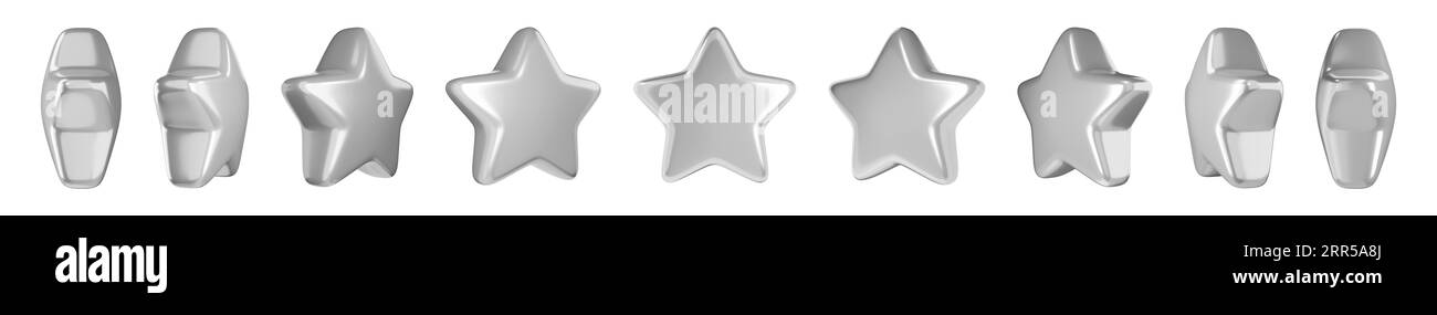 3D-Animationsset mit silbernem Stern. Rotation des grauen metallisch glänzenden Cartoon-Spielelements. Stockfoto