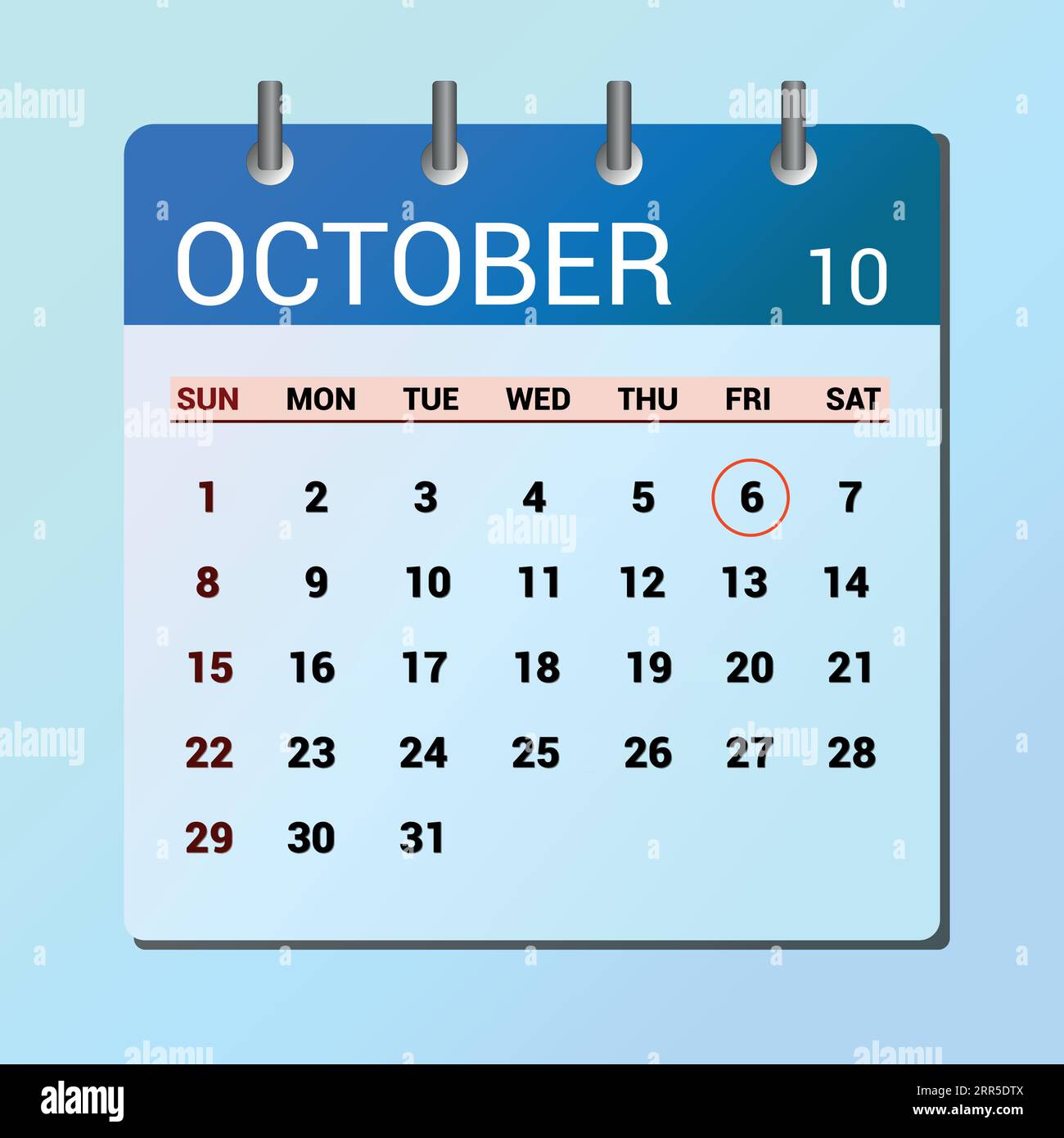 Oktober. Kalender mit flachen Symbolen isoliert auf blauem Hintergrund. Vektorillustration für Datum und Monat Stock Vektor