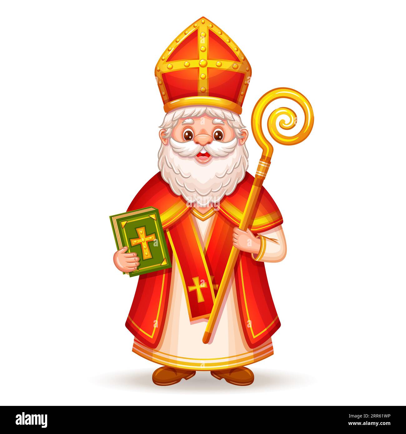 Niedlicher Nikolaus, Sinterklaas-Charakter, glücklicher Winterfeiertag in St. Nicolas. Weihnachten christliche Religion Weihnachtsmann alter Mann Geschenk Kinder. Vektor Stock Vektor