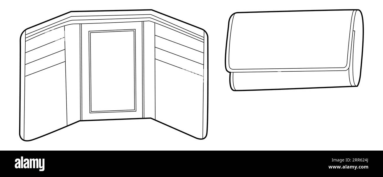 Dreifach gefaltete Geldbörse – Schließen und Öffnen der Optionen für die Vorderansicht Taschen modisches Accessoire technische Illustration. Organizer für Männer, Frauen, Unisex Silhouette Stil, flache Handtasche CAD Skizze Umriss isoliert Stock Vektor