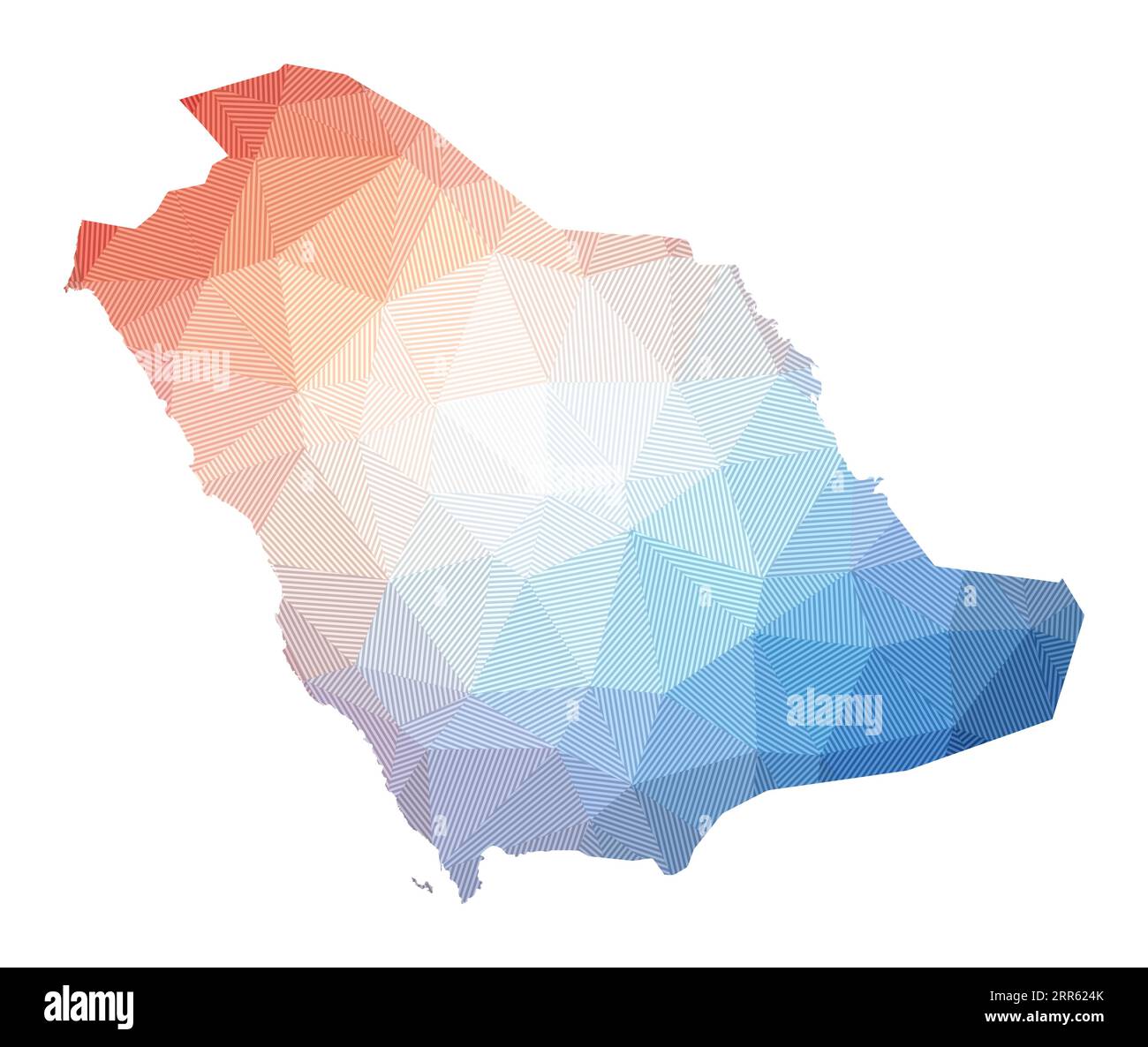Karte von Saudi-Arabien. Abbildung des Landes mit niedrigem Poly. Geometrisches Design mit Streifen. Technologie, Internet, Netzwerkkonzept. Vektorillustration. Stock Vektor