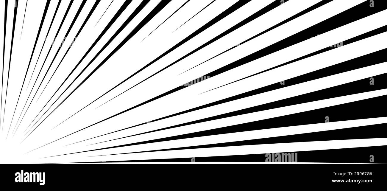 Diagonale Geschwindigkeitslinien Hintergrund. Comic-Buch Explosion Lines Wallpaper. Abstraktes Schwarzweiß-Flash-Rahmendesign. Manga- oder Anime-Cartoon-Lichtstrahl oder -Strahl. Pop-Art-Blast- oder Knall-Effekt. Vektor Stock Vektor