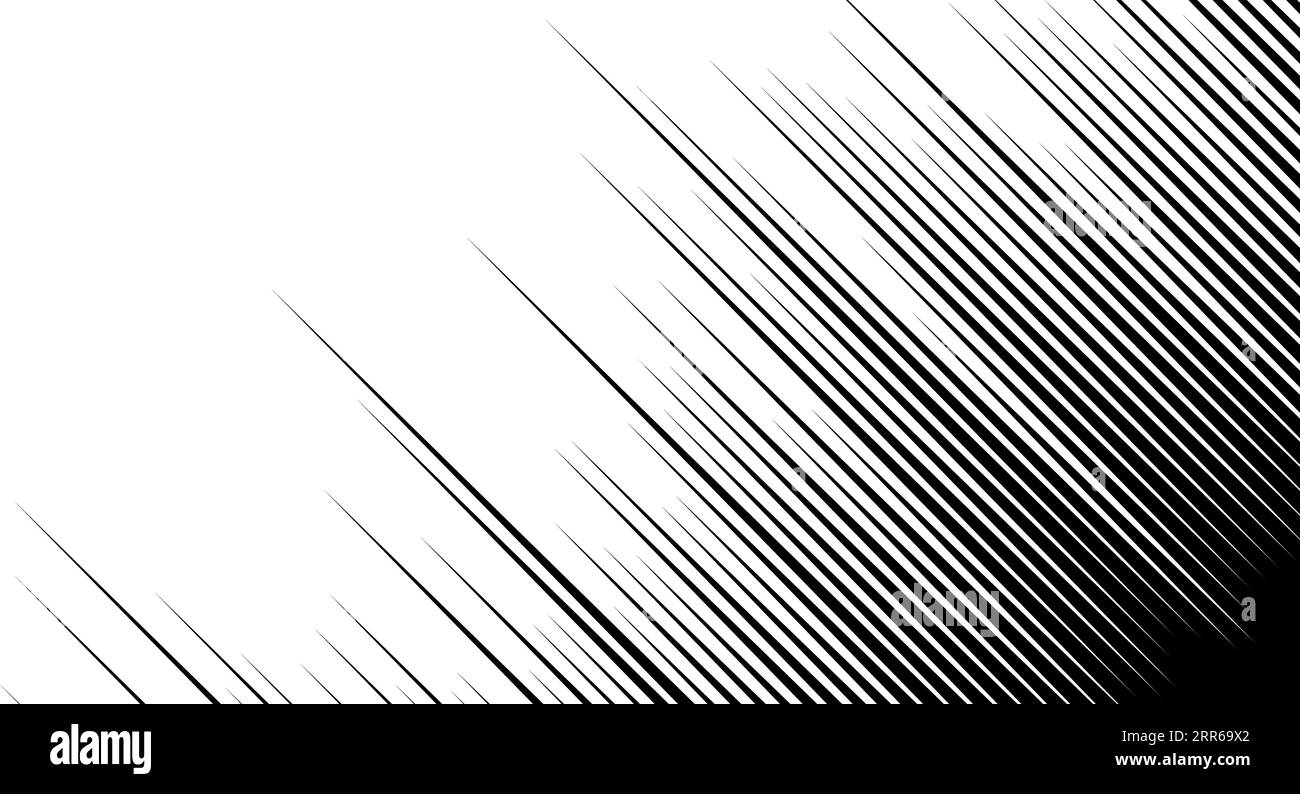 Gerade Geschwindigkeitslinien, die sich wiederholen. Schwarz-weiß-diagonale Streifen mit Farbverlauf. Abstrakte Textur mit schnellem Effekt. Comic- oder Cartoon-Buch Rays and Beams Tapete. Vektorhintergrund Stock Vektor
