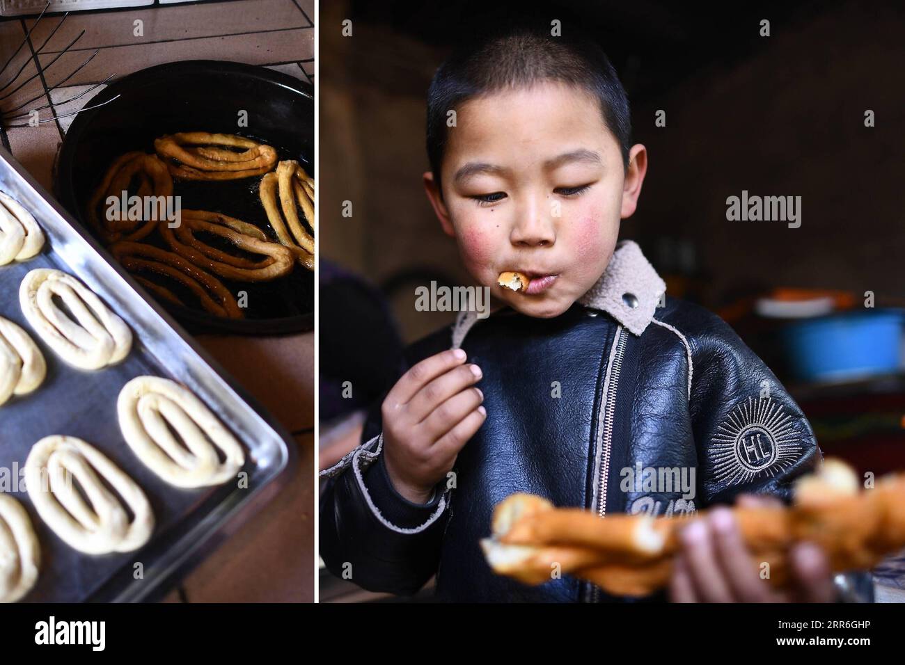 210214 -- PEKING, 14. Februar 2021 -- ein Junge schmeckt frisch gekochtes Pansan, eine Art frittierter Teig-Snack, der während der Mondfeiertage in der Gemeinde Baiya in der Gemeinde Weiyuan, Huzhu Tu Autonomous County, Haidong, Provinz Qinghai im Nordwesten Chinas, am 5. Februar 2021 beliebt ist. Das Mondneujahr zählt zu den wichtigsten Festivals in China und die Feierlichkeiten sind vielseitig, einschließlich Essen. Wenn das Mondneujahr kommt, stellen die Menschen in ganz China eine Vielzahl von Snacks her, von denen sie glauben, dass sie Glück bringen werden. CHINA-LUNAR NEUJAHRSFEST-SNACKS CN ZH Stockfoto
