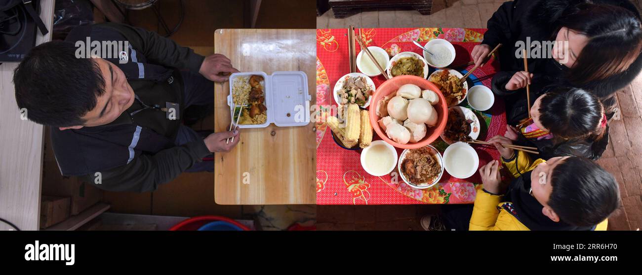 210216 -- PEKING, 16. Februar 2021 -- Kombi-Foto zeigt nie Huachen beim Essen in einem Restaurant im Futian Village in Shenzhen, südchinesische Provinz Guangdong, 10. Februar 2021 L, Foto von Mao Siqian, und seine Frau, die mit ihren Kindern zu Hause im Tongxu County, Provinz Henan, 10. Februar 2021 R, gegessen hat, Foto von Li Jianan. Nie Huachen ist Dispatcher des Fuxing-Büros in Shenzhen, SF Express. Er kam vor acht Jahren zu SF Express und wurde ein Liefermann. In diesem Jahr entschied er sich, während des Frühlingsfestes an seiner Stelle zu bleiben, da viele Kunden planten, den f zu verbringen Stockfoto