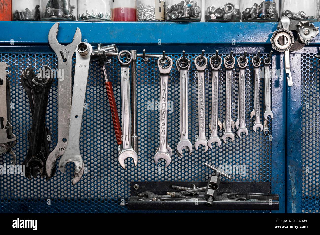 Werkzeuge Werkstatt zur Erstellung von Motorrädern Stockfoto