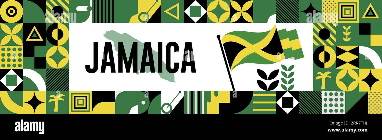 JAMAIKA National Day Banner mit Karte, Flaggenfarben Themenhintergrund und geometrischem abstraktem Retro-Design mit hochgezogenen Händen oder Fäusten. Stock Vektor