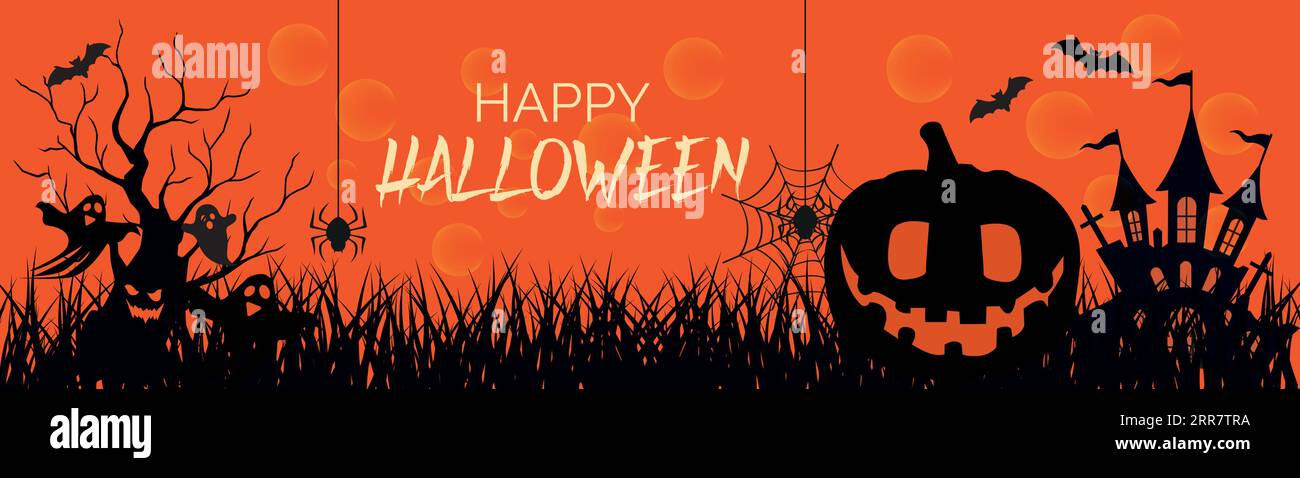 Happy Halloween Banner oder Abustrakt Hintergrund mit Wolken, Fledermäusen und Kürbissen Halloween City Panorama im halloween Stil. Spinnennetz und Hexenkessel Stock Vektor