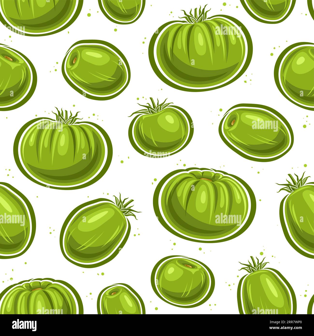 Vector Green Tomato nahtloses Muster, sich wiederholender Hintergrund mit verschiedenen ausgeschnittenen Tomaten für Bettwäsche, dekoratives quadratisches Poster mit Gruppe Stock Vektor