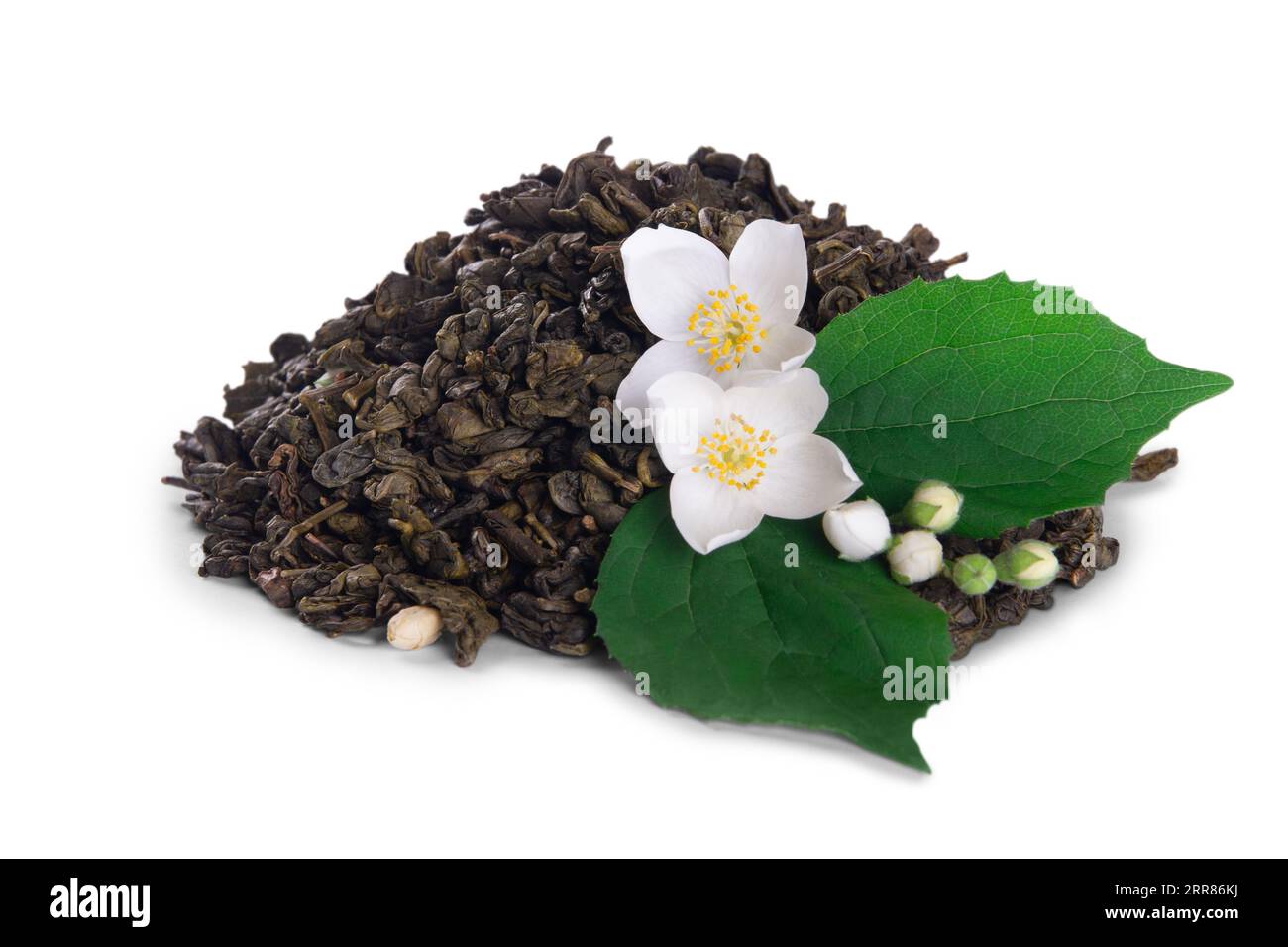 Getrocknete Teeblätter und frische Jasminblumen mit grünen Blättern auf weißem Hintergrund Stockfoto