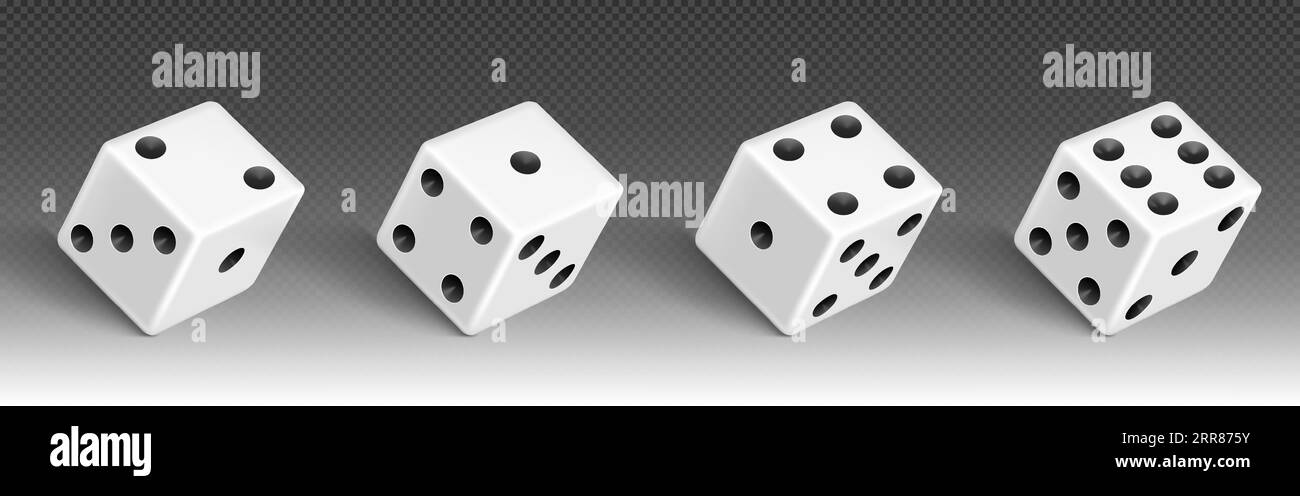 3D-Casino-Spielwürfelrolle isoliertes Vektorsymbol. Weißes, realistisches Glücksspiel-Poker-Glücksfeld mit sechs, fünf und zwei Punkten. Spielzeugteile für zufällige Glücksspiele mit Risiko Stock Vektor