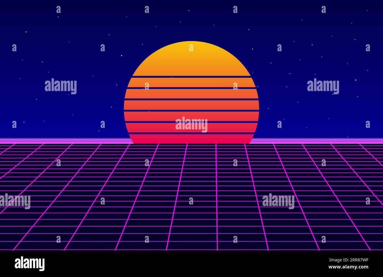 Synthwave-Hintergrundvorlage. 80er und 90er Jahre Retro-Kulisse bei Sonnenuntergang. Neonlicht-Gitterlandschaft. Vintage Retrowave. Futuristische Vapor Wave Tapete. Vektor Stock Vektor