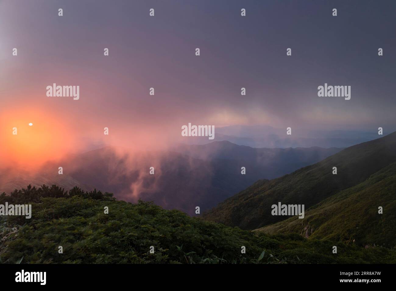 Asahi Mountain Range, Sonnenaufgang im Nebel, Blick von Mt.Ohasahi Schutzhütte, 100 Berge von Japan, Yamagata, Tohoku, Japan, Asien Stockfoto