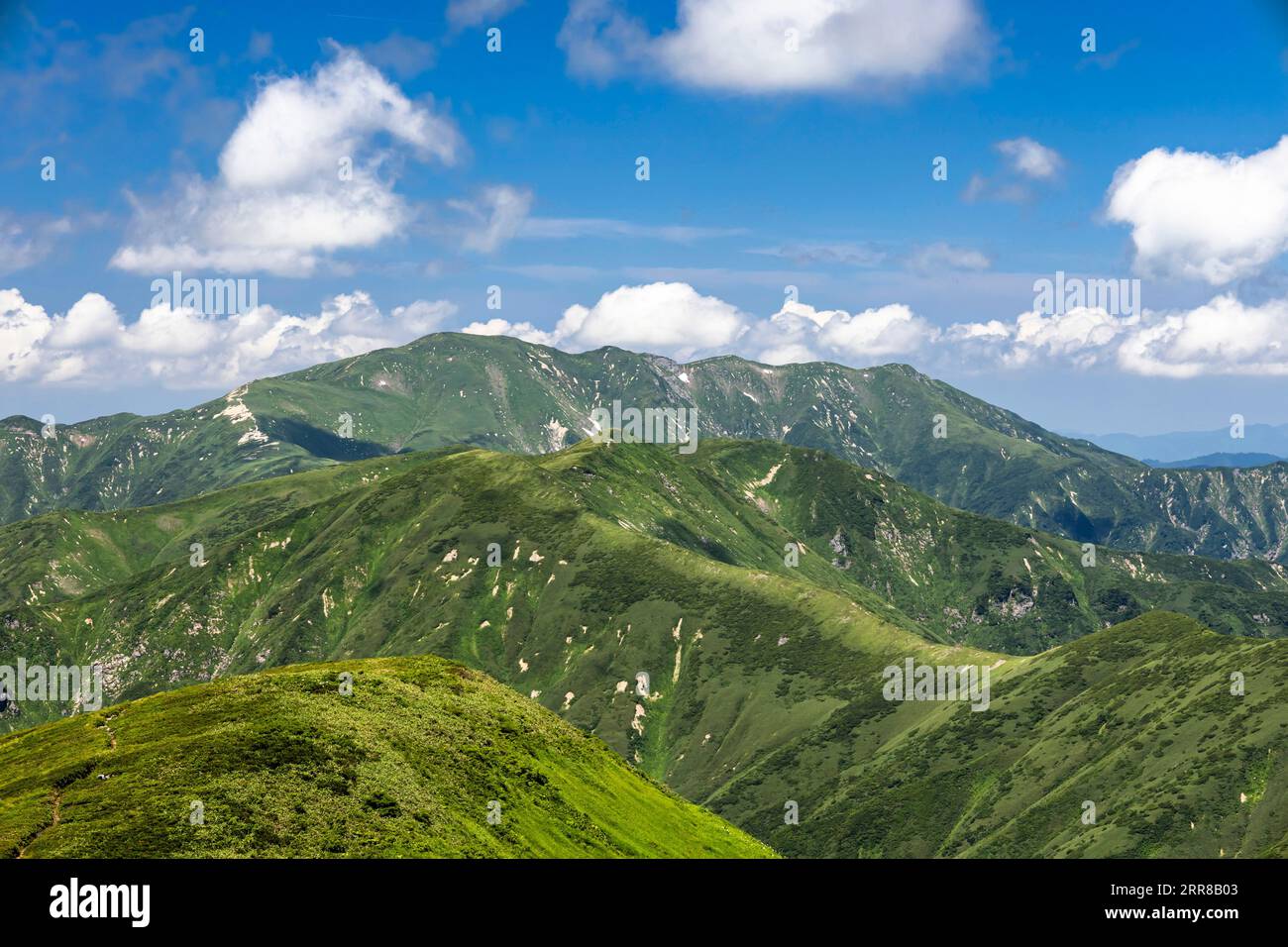 Asahi Mountain Range, Blick auf den Berg Itohdake (zurück), vom Berg Nishiasahidake, 100 Berge von Japan, Yamagata, Tohoku, Japan, Asien Stockfoto
