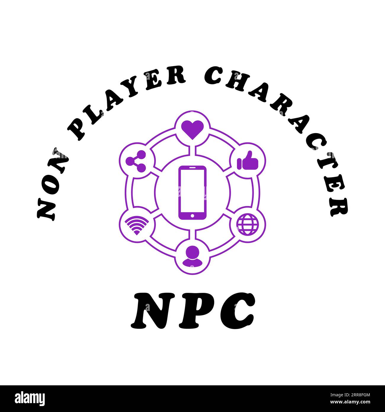 Illustration des Wortes NPC, NICHT-SPIELER-CHARAKTER und Geschenk-Symbol.NPC, der in einer der Social-Media-Anwendungen viral wird. Stockfoto